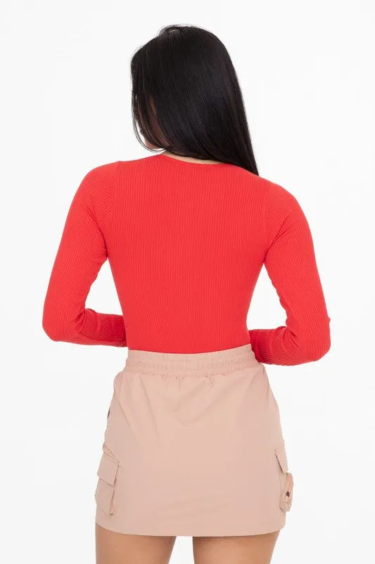 * RIBBED CREW NECK BODYSUIT RED