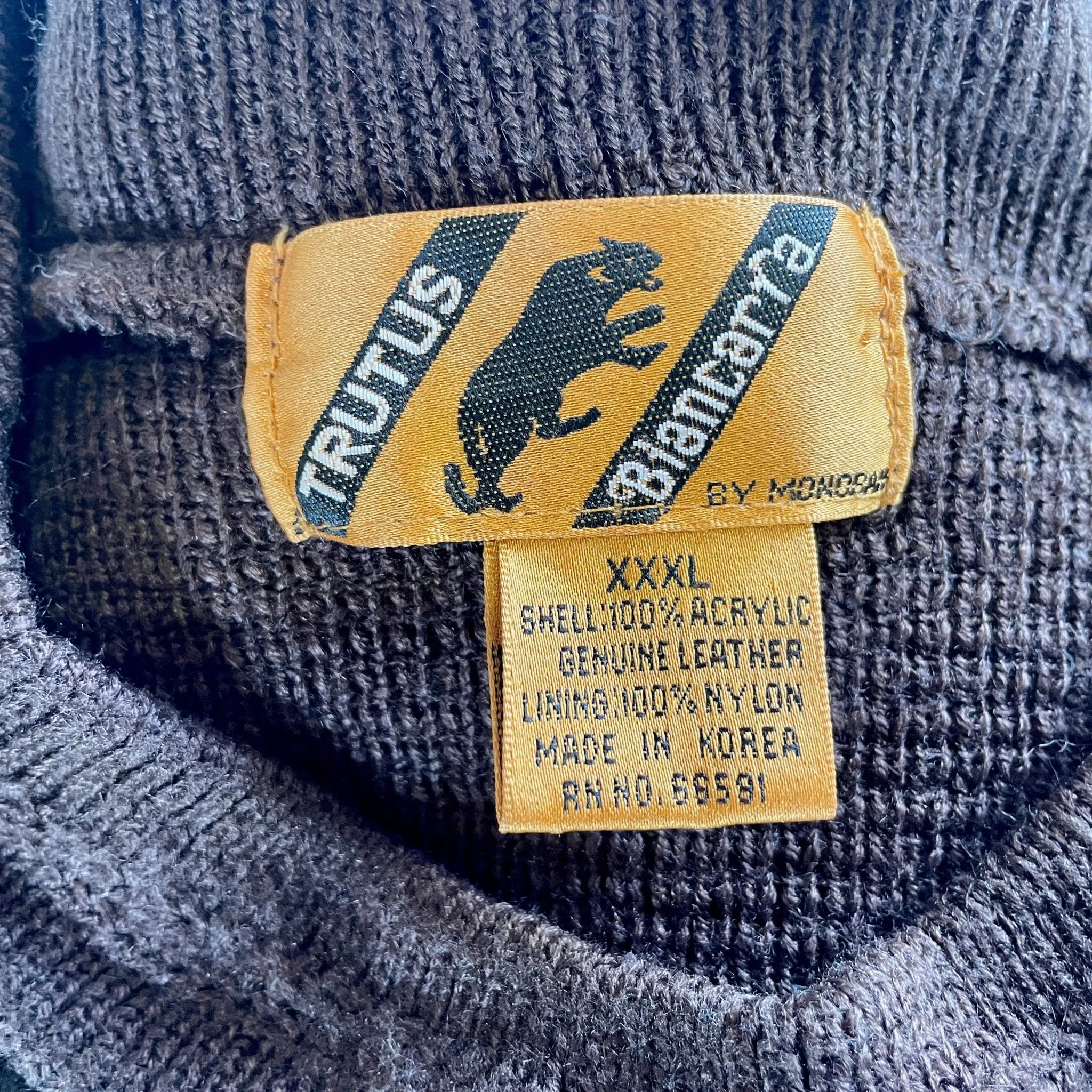 1990's Vintage Leather & Knit Jumper Pullover Brown Black Unique Sz 3XL - OOAK