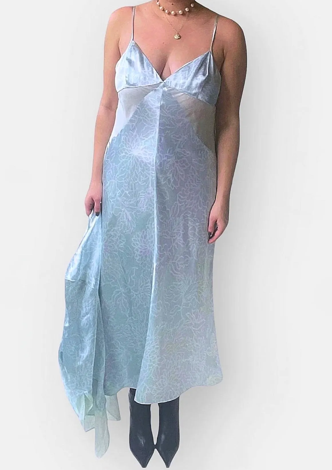 2000s Baby Blue Silk and Mesh Slip Dress with Matching Jacket (L)