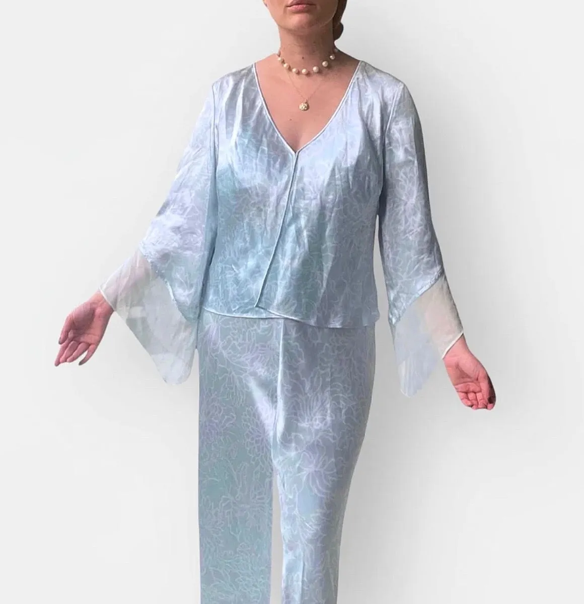 2000s Baby Blue Silk and Mesh Slip Dress with Matching Jacket (L)