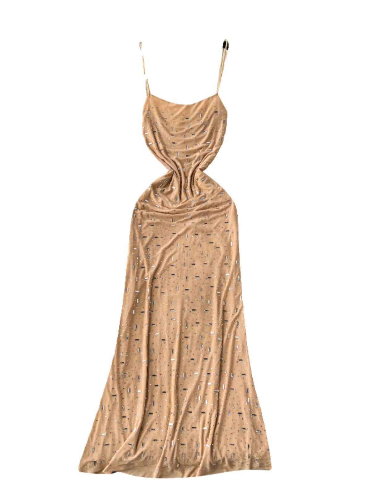 Draped Neckline Rhinestone Studded Slip Dress