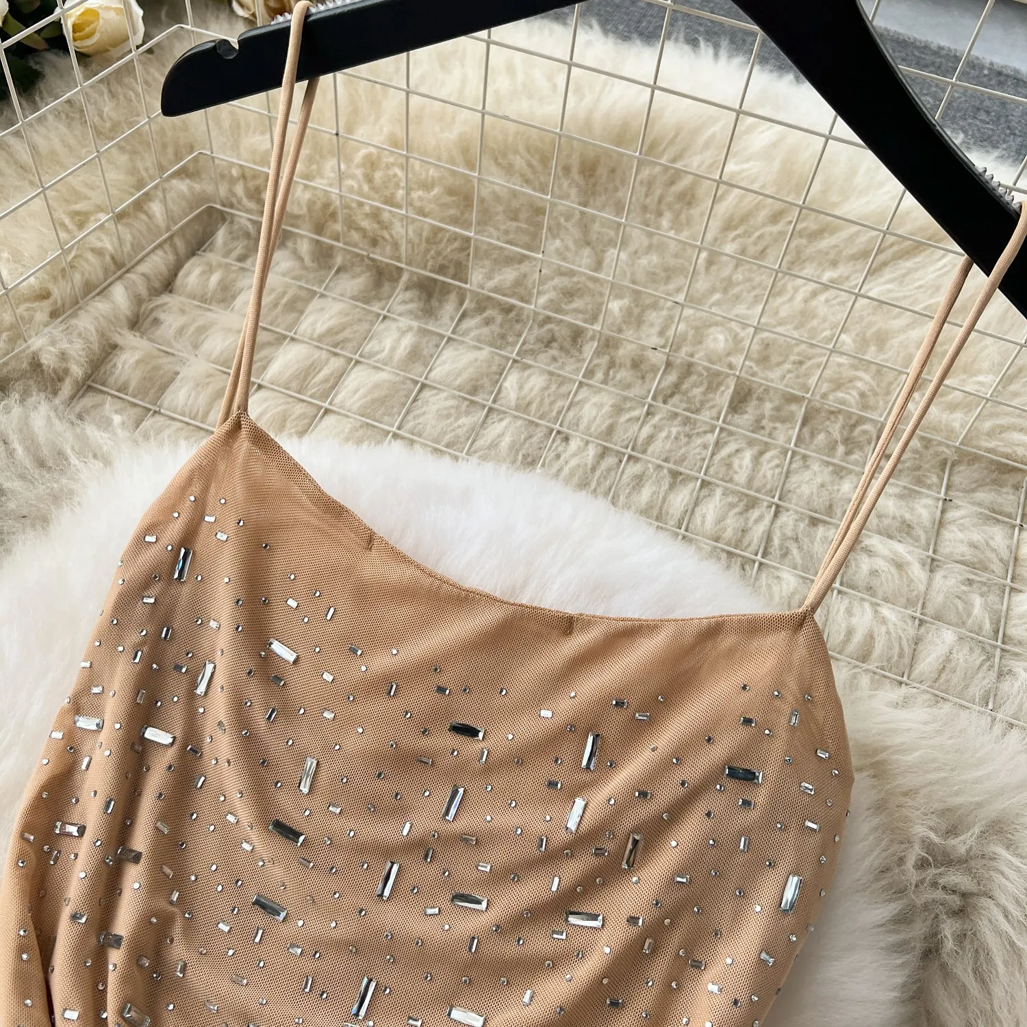 Draped Neckline Rhinestone Studded Slip Dress