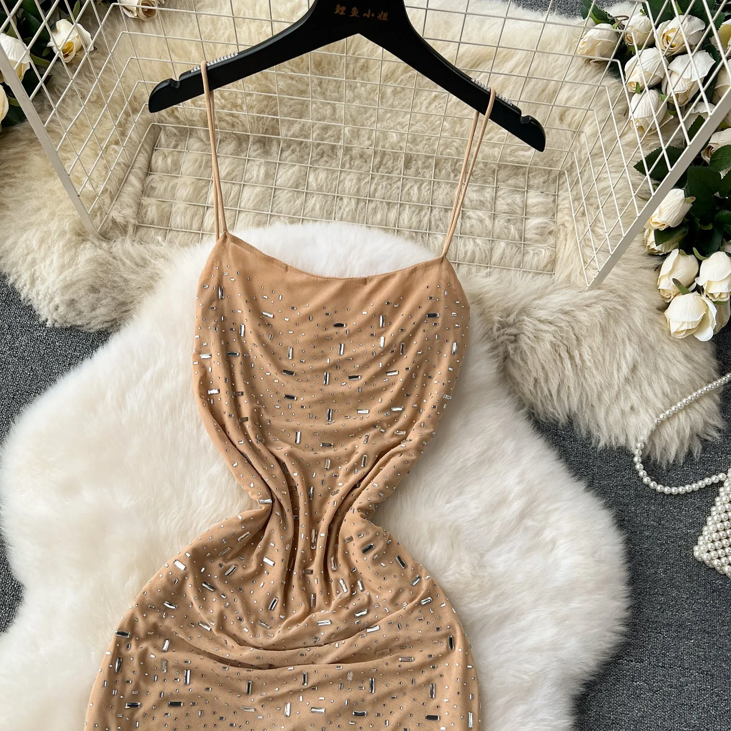 Draped Neckline Rhinestone Studded Slip Dress