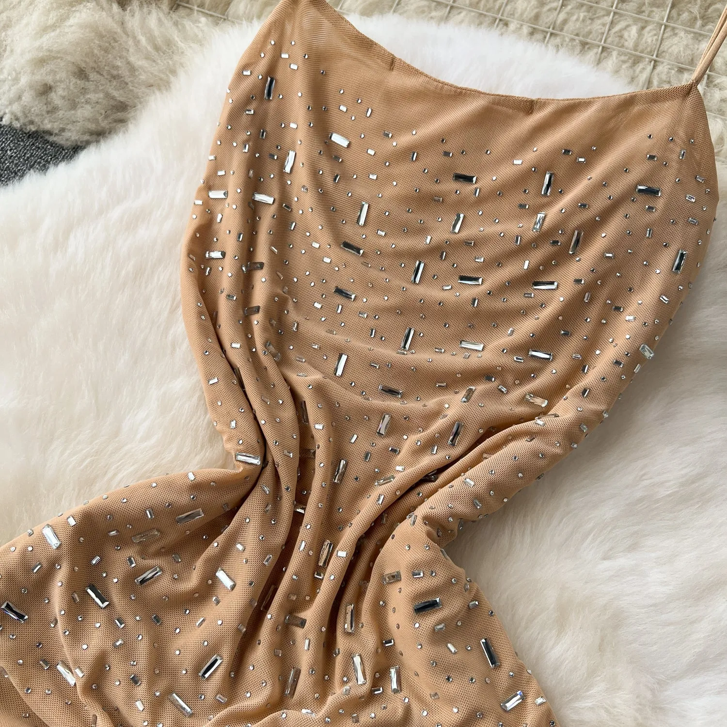 Draped Neckline Rhinestone Studded Slip Dress
