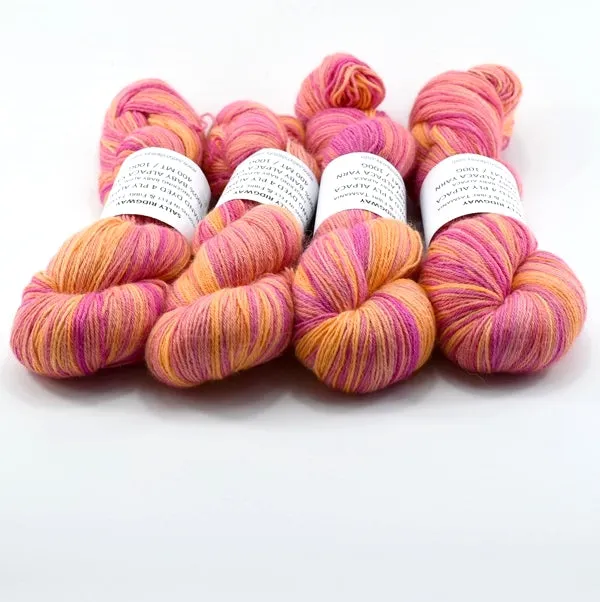 Hand Dyed Baby Alpaca Knitting Yarn 4 Ply Fingering Weight in Orange and Pink 12576