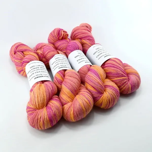 Hand Dyed Baby Alpaca Knitting Yarn 4 Ply Fingering Weight in Orange and Pink 12576