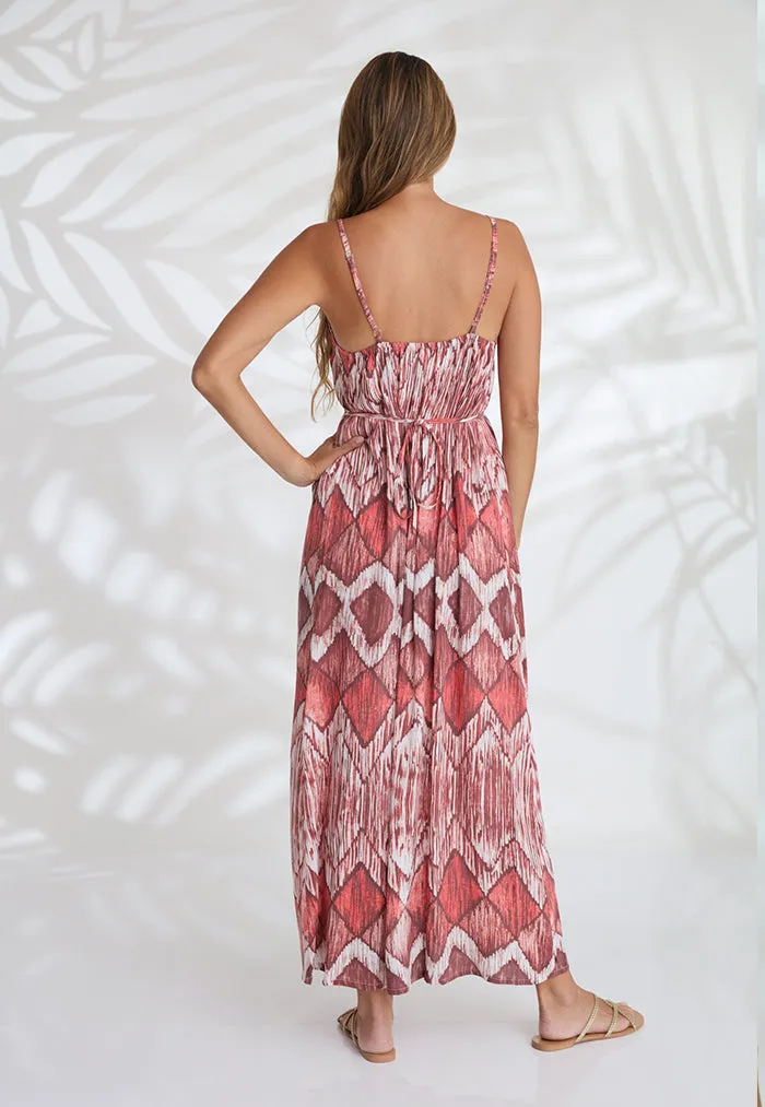 Indii Breeze Cami Plain Maxi Dress with Belt - Diamond Red