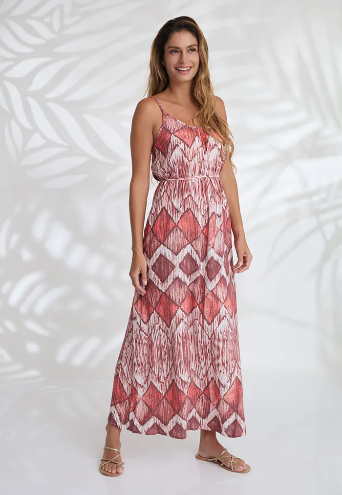 Indii Breeze Cami Plain Maxi Dress with Belt - Diamond Red