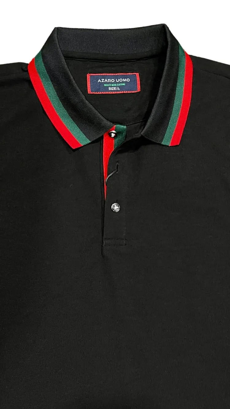 Men's Black long sleeve polo Green and Red Collar