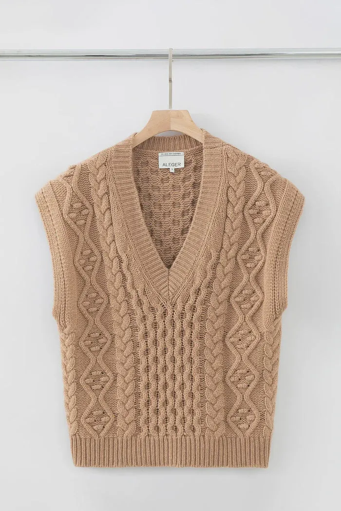 N.105 Cashmere Blend Deep V Cable Vest Tan