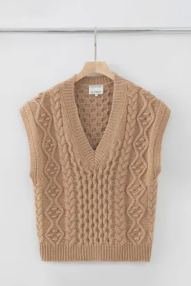 N.105 Cashmere Blend Deep V Cable Vest Tan