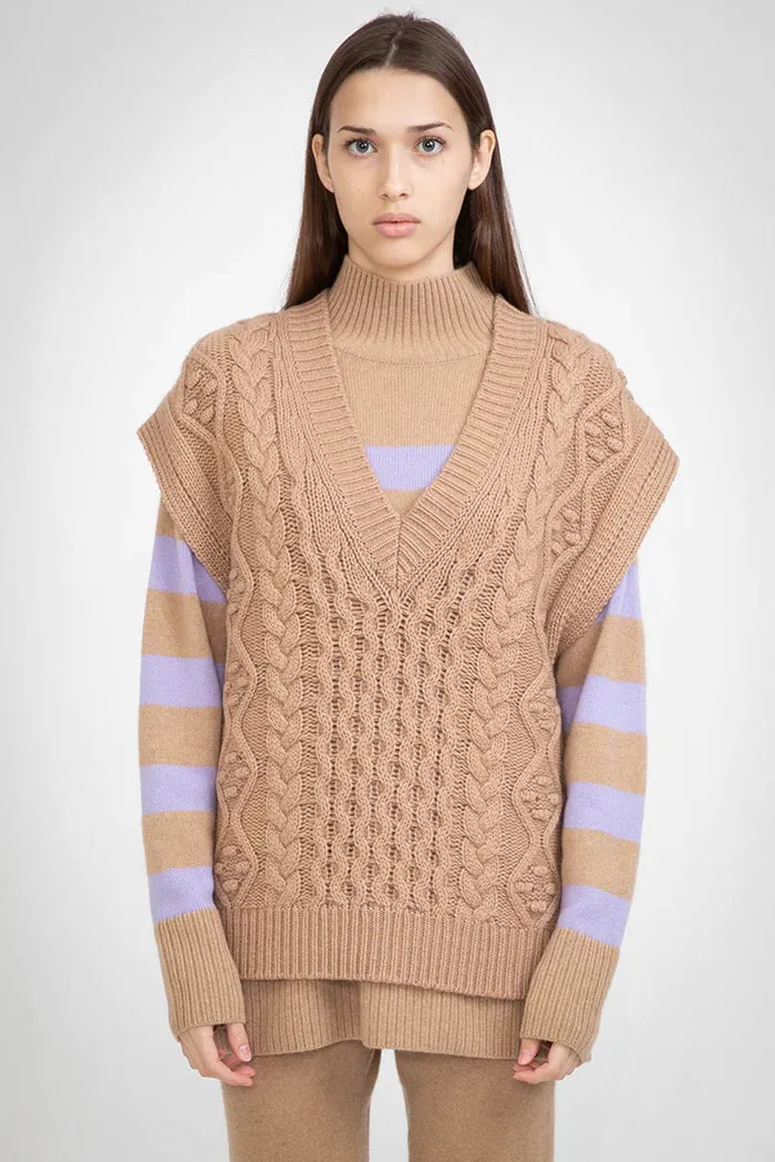 N.105 Cashmere Blend Deep V Cable Vest Tan