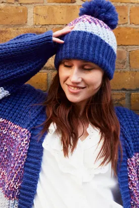 Phoebe Stripe Beanie Bobble Hat In Cobalt