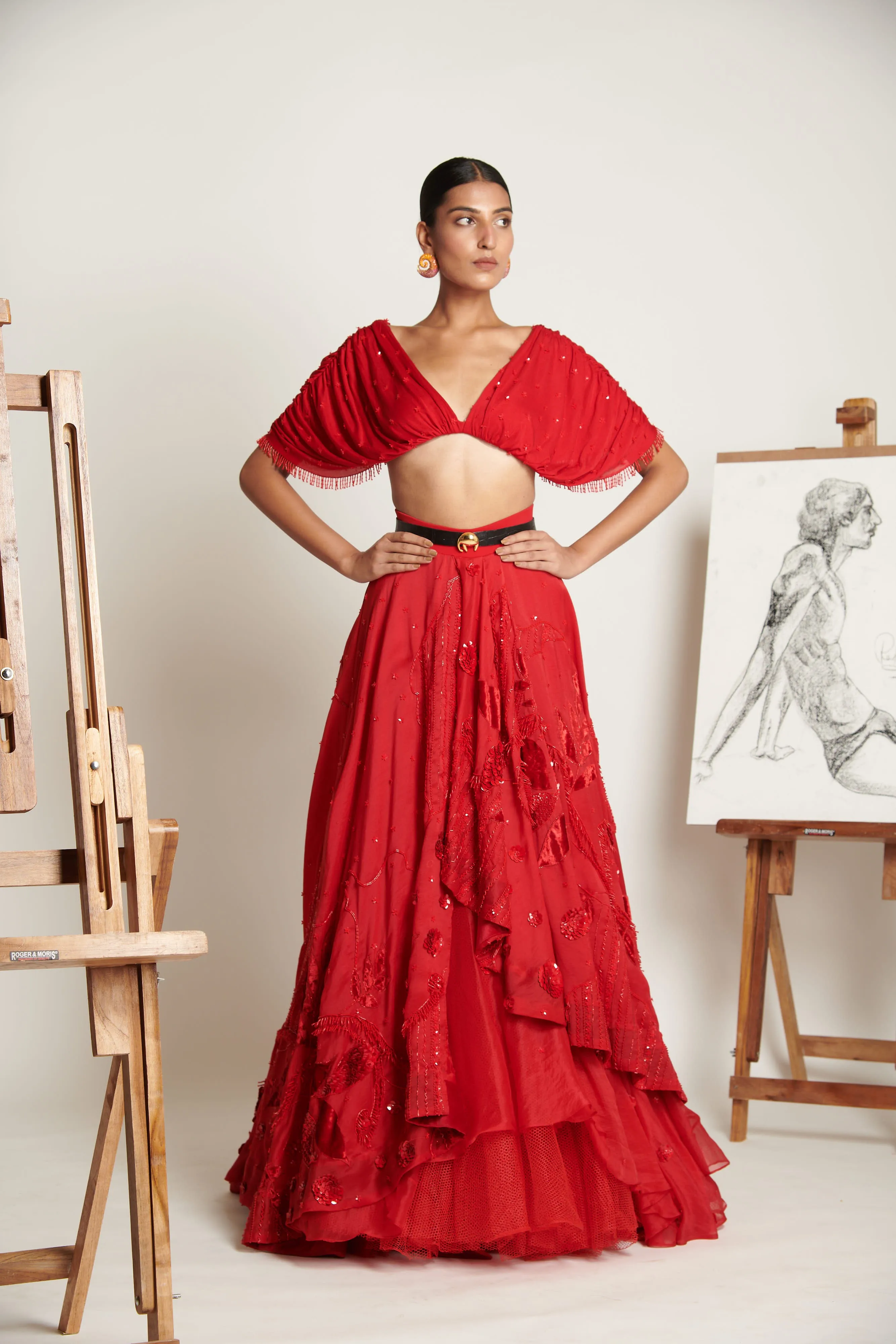 Ruby-Red Celestial Asymmetrical Lehenga with Ruched Tassel Blouse
