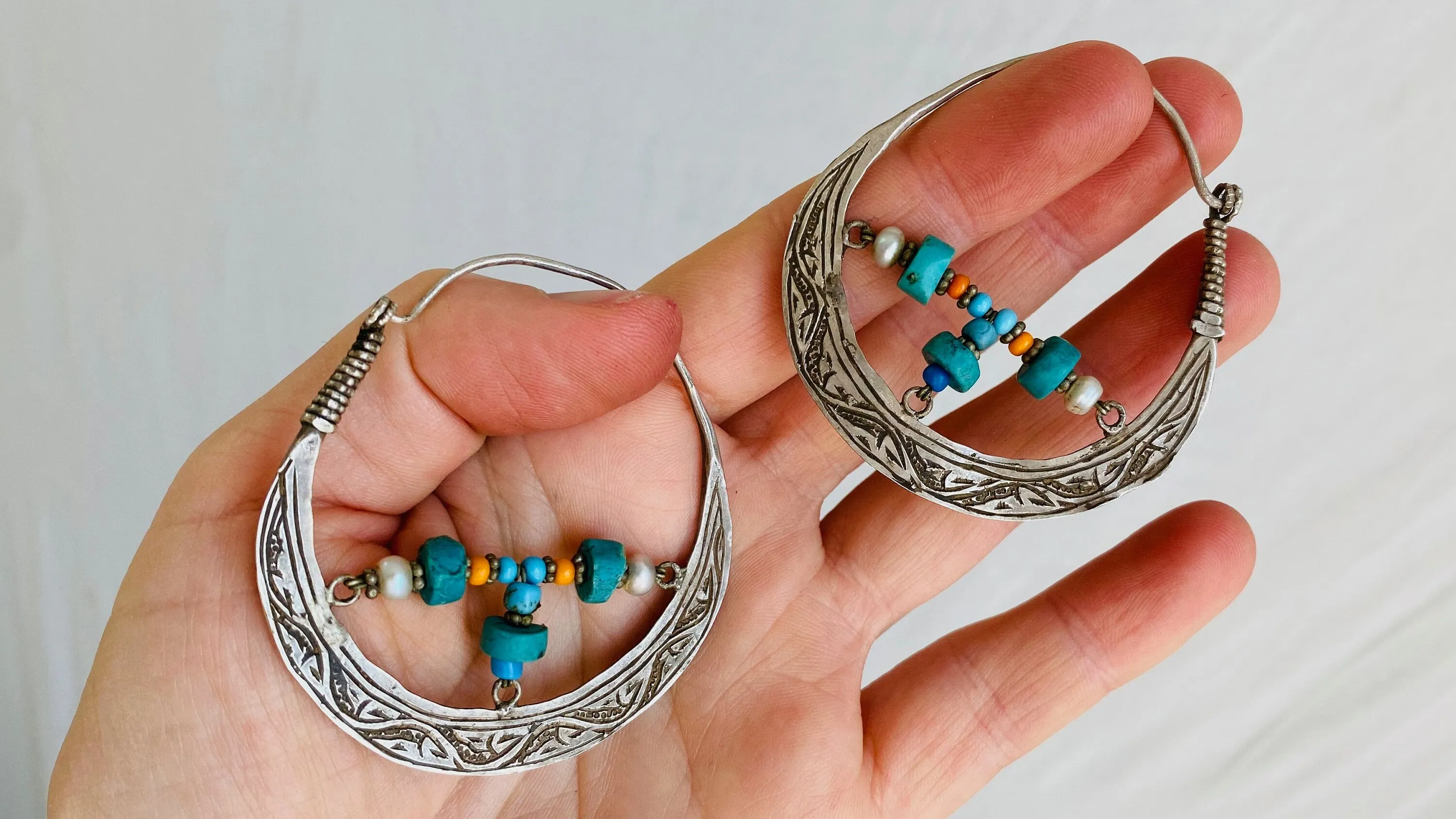 Vintage Uzbek Hoop Earrings. Bukhari Silver and Pearl Earrings.