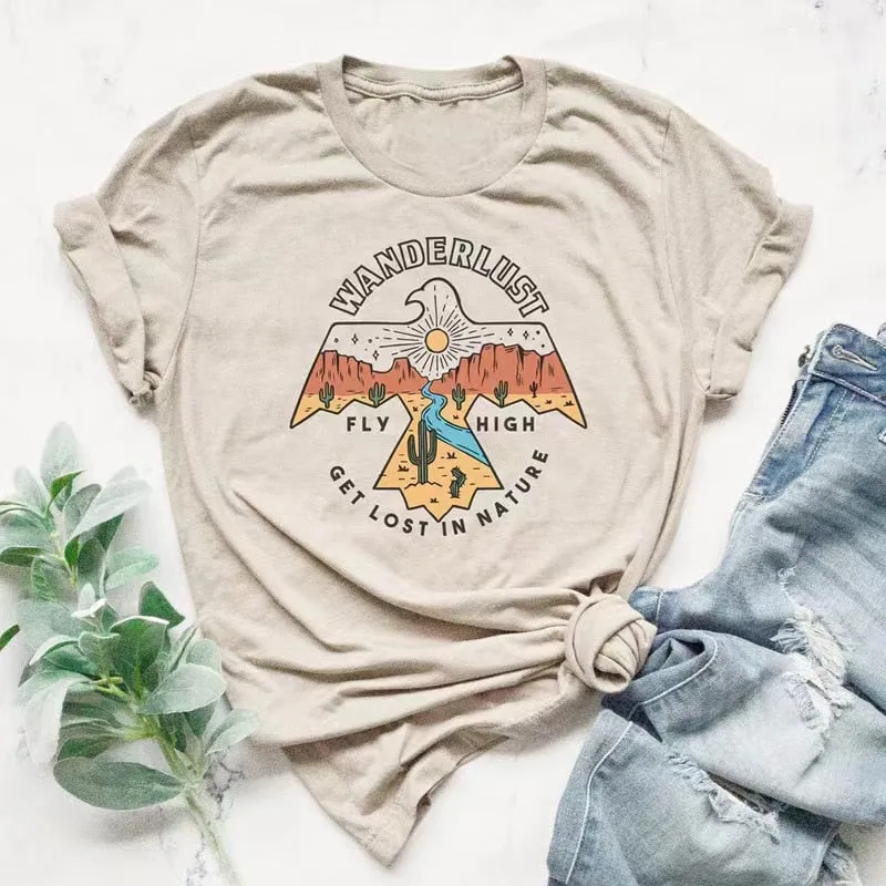 Wanderlust T Shirt In White Beige Or Gray Southwestern Thunderbird "Get Lost In Nature" Desert Mountains Cactus Sunset Graphics Sizes XS Small Medium Large Or XL
