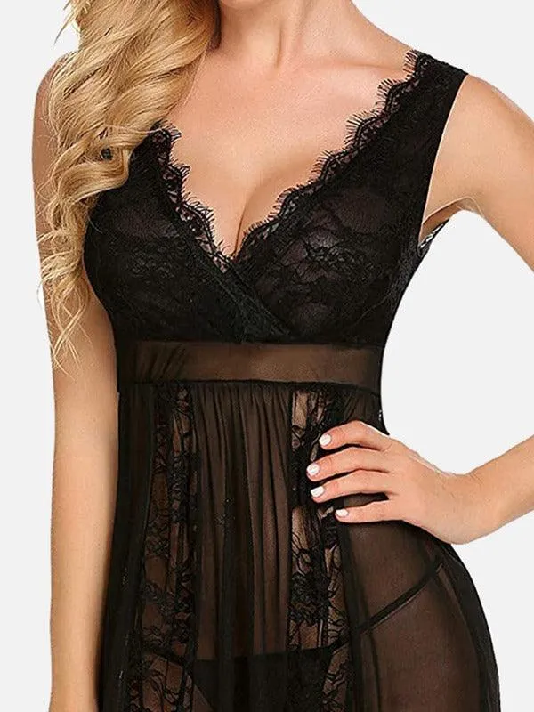 Women Lace & Net Babydoll Lingerie with G-string Panty Pack of 2 Black Red
