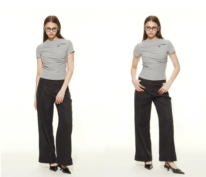Women's Summer Pleated Solid Color Slim Fit Versatile Fashion Crew Neck Short Sleeve T-Shirt