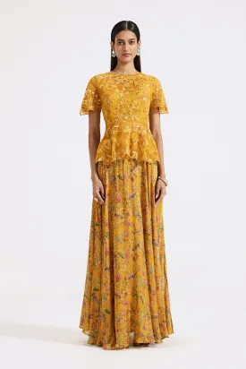 Yellow Embroidered Top & Skirt Set
